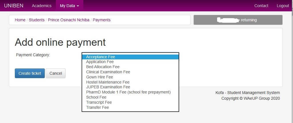 uniben school fees payment