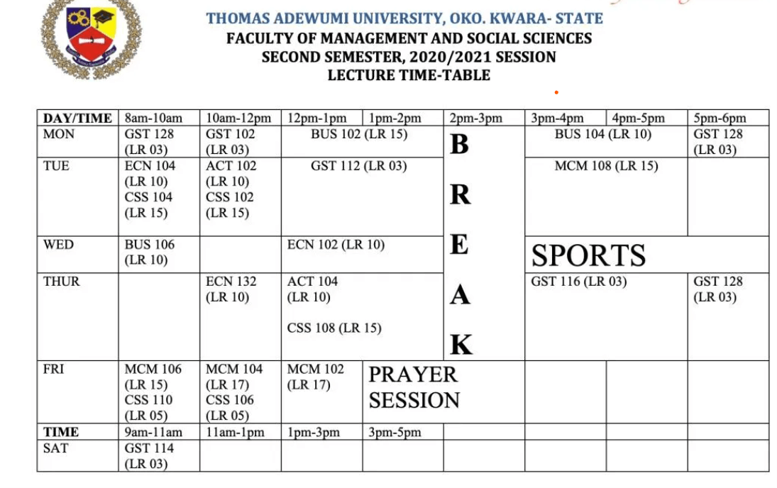 Thomas Adewumi University Time table